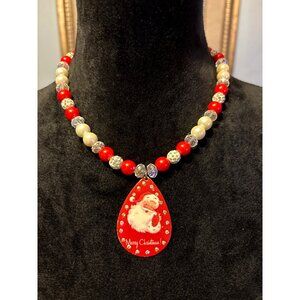 Santa Pendant Beaded Christmas Necklace Red White Beads Adjustable Chain Holiday